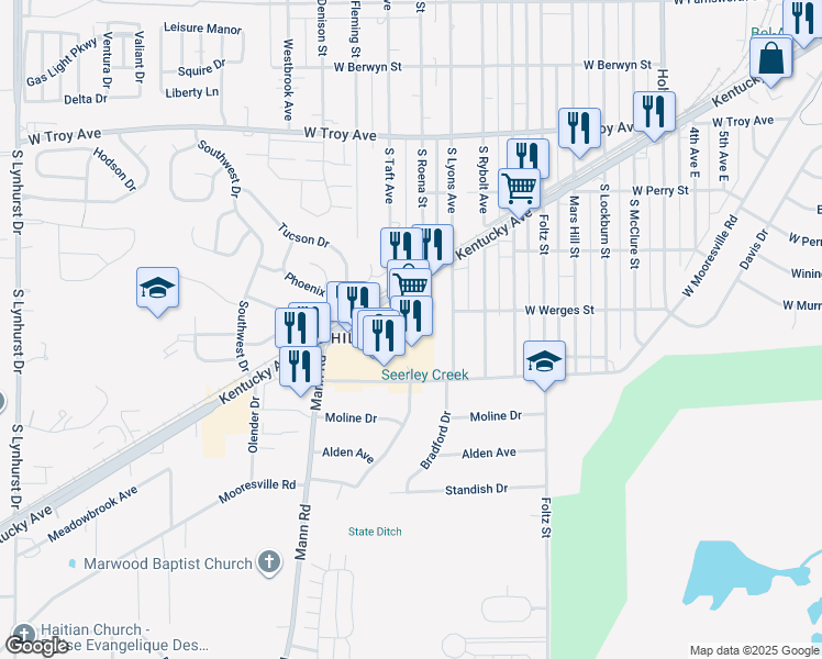 map of restaurants, bars, coffee shops, grocery stores, and more near 3361 Kentucky Avenue in Indianapolis