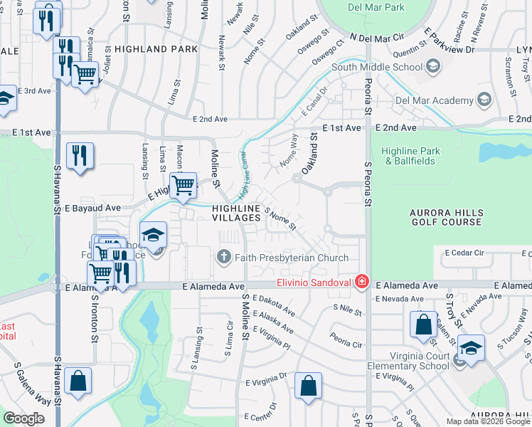 map of restaurants, bars, coffee shops, grocery stores, and more near 61 South Nome Street in Aurora