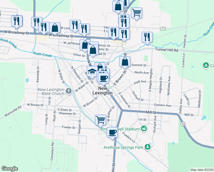map of restaurants, bars, coffee shops, grocery stores, and more near 107 South Main Street in New Lexington
