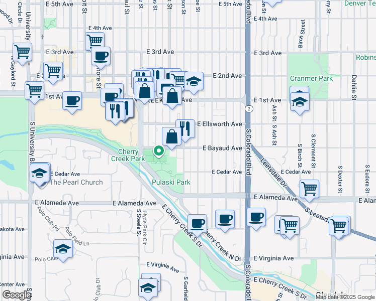 map of restaurants, bars, coffee shops, grocery stores, and more near in Denver