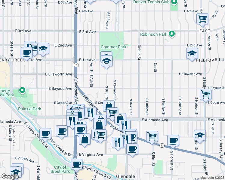map of restaurants, bars, coffee shops, grocery stores, and more near 121 South Clermont Street in Denver