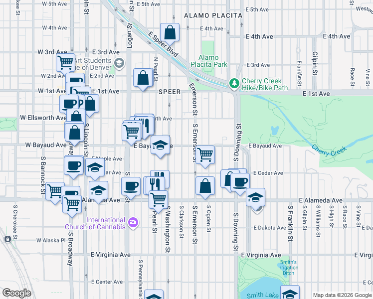 map of restaurants, bars, coffee shops, grocery stores, and more near 100 South Clarkson Street in Denver