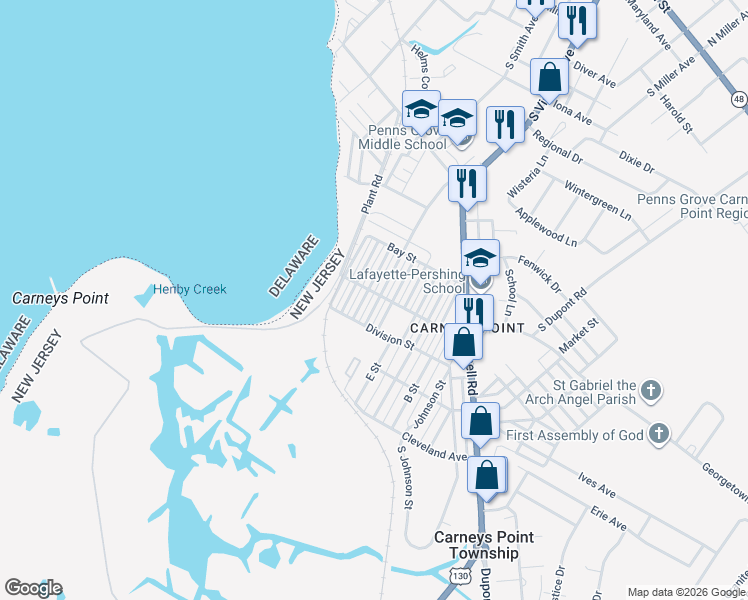 map of restaurants, bars, coffee shops, grocery stores, and more near 257 H Street in Carneys Point Township
