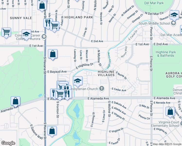 map of restaurants, bars, coffee shops, grocery stores, and more near 11225 East Alameda Avenue in Aurora