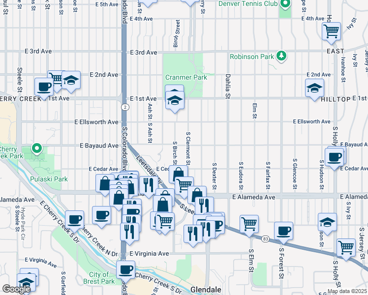 map of restaurants, bars, coffee shops, grocery stores, and more near 121 South Clermont Street in Denver