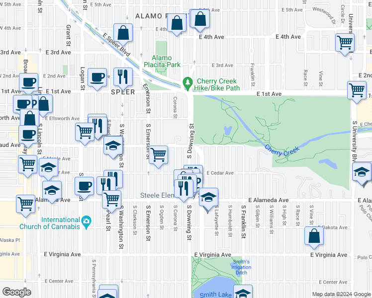 map of restaurants, bars, coffee shops, grocery stores, and more near 138 South Downing Street in Denver