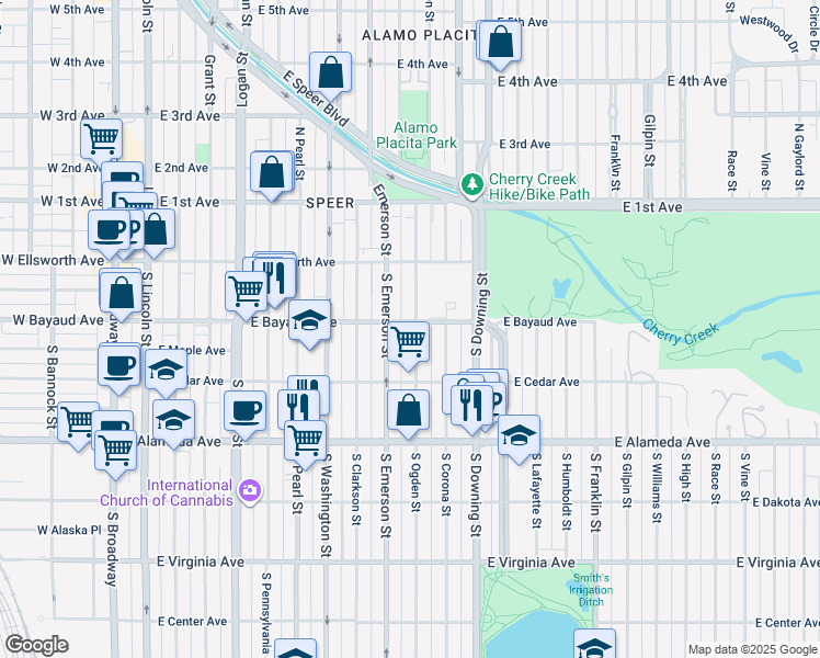 map of restaurants, bars, coffee shops, grocery stores, and more near 137 South Ogden Street in Denver