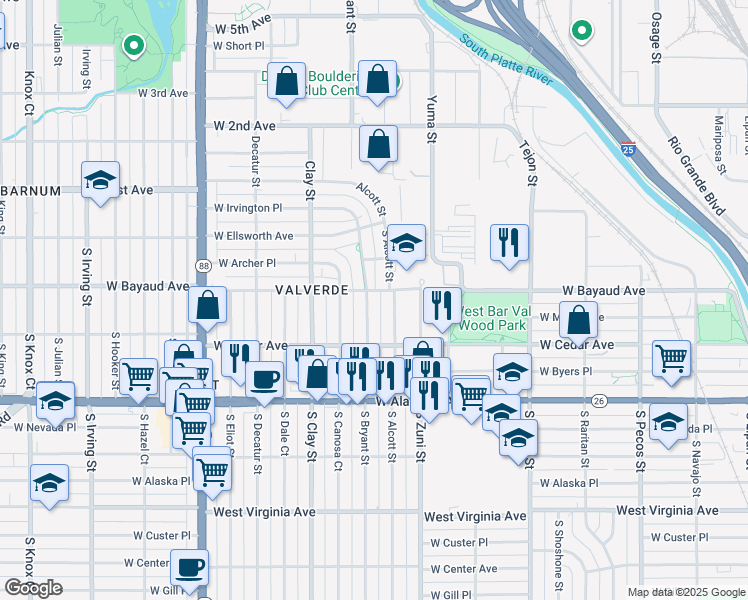 map of restaurants, bars, coffee shops, grocery stores, and more near 140 South Bryant Street in Denver