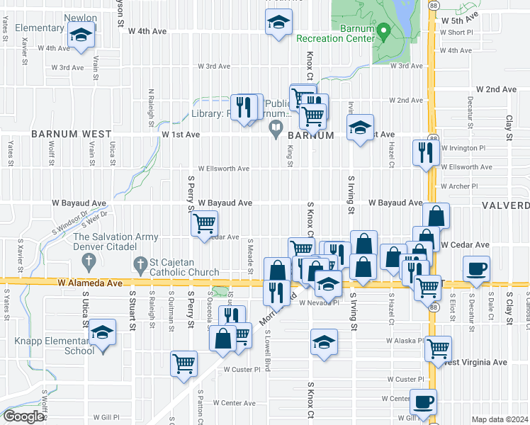 map of restaurants, bars, coffee shops, grocery stores, and more near 150 South Lowell Boulevard in Denver