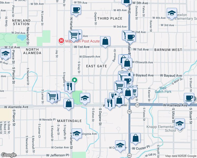 map of restaurants, bars, coffee shops, grocery stores, and more near 151 South Depew Street in Lakewood