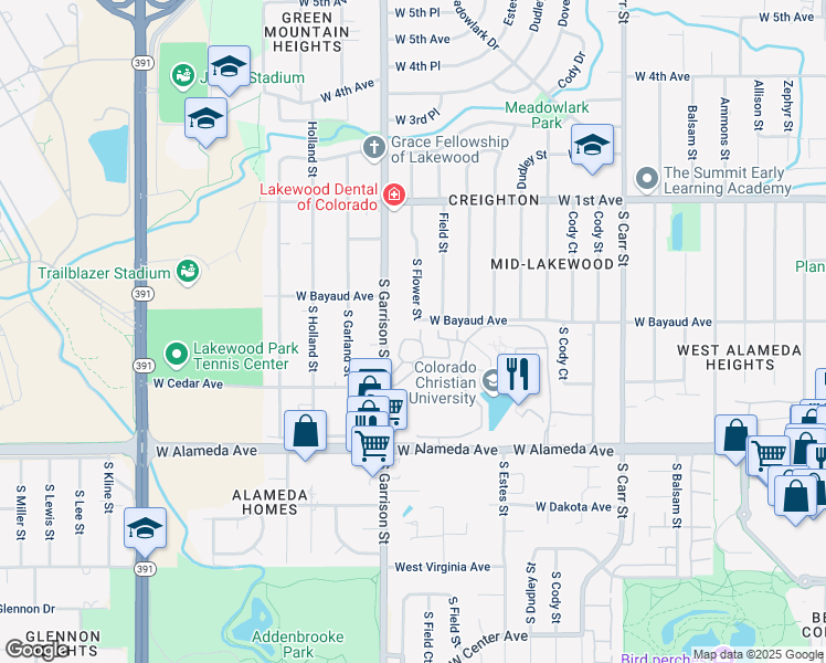 map of restaurants, bars, coffee shops, grocery stores, and more near 9157 West Cedar Drive in Lakewood