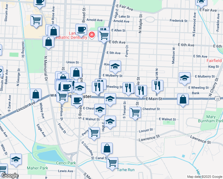 map of restaurants, bars, coffee shops, grocery stores, and more near 317 East Main Street in Lancaster