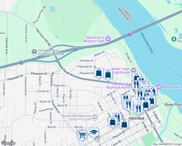 map of restaurants, bars, coffee shops, grocery stores, and more near 804 Harrison Hill Road in Hannibal