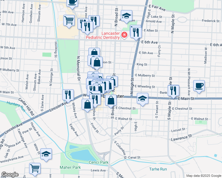map of restaurants, bars, coffee shops, grocery stores, and more near 111 North Broad Street in Lancaster