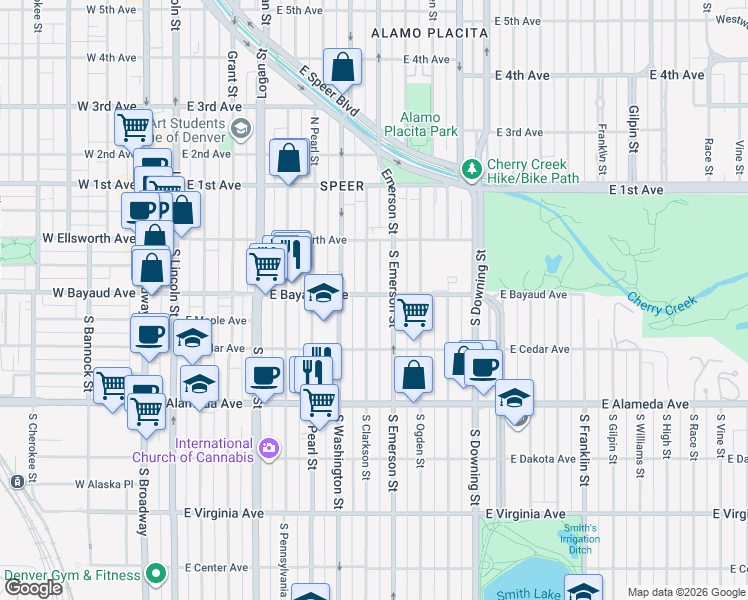 map of restaurants, bars, coffee shops, grocery stores, and more near 140 South Clarkson Street in Denver