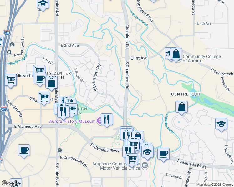 map of restaurants, bars, coffee shops, grocery stores, and more near 153 South Granby Court in Aurora