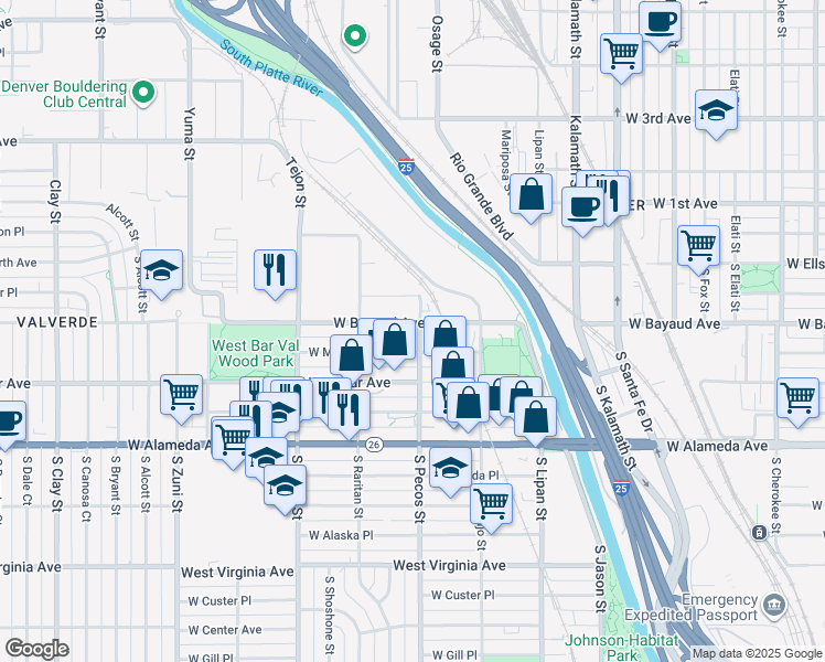 map of restaurants, bars, coffee shops, grocery stores, and more near 1372 West Maple Avenue in Denver