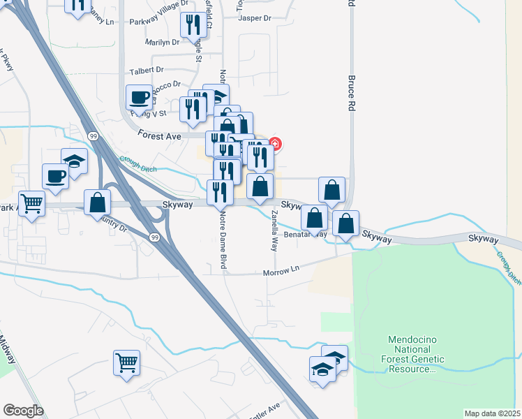 map of restaurants, bars, coffee shops, grocery stores, and more near 2500 Zanella Way in Chico