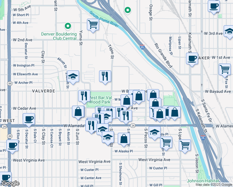 map of restaurants, bars, coffee shops, grocery stores, and more near 1573 West Maple Avenue in Denver