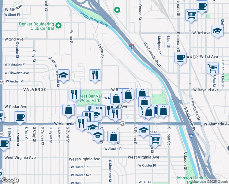map of restaurants, bars, coffee shops, grocery stores, and more near 1515 West Maple Avenue in Denver
