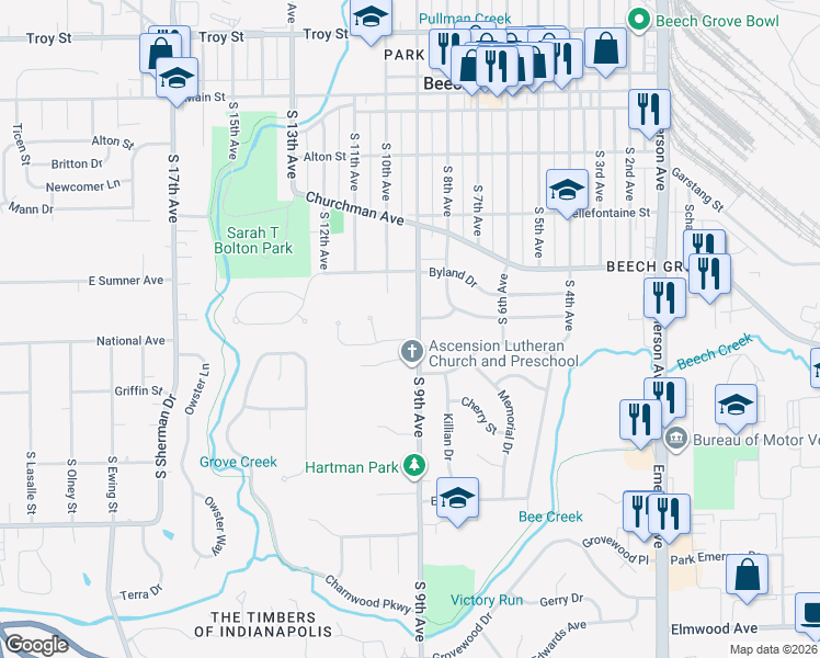 map of restaurants, bars, coffee shops, grocery stores, and more near 913 Timber Grove Place in Beech Grove