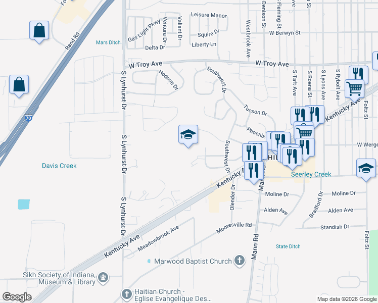 map of restaurants, bars, coffee shops, grocery stores, and more near 4640 Santa Fe Drive in Indianapolis