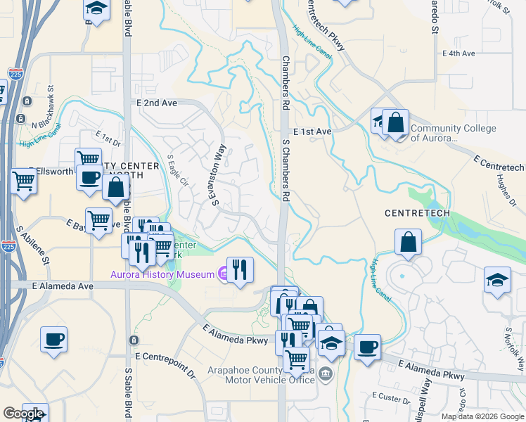 map of restaurants, bars, coffee shops, grocery stores, and more near 153 South Granby Court in Aurora