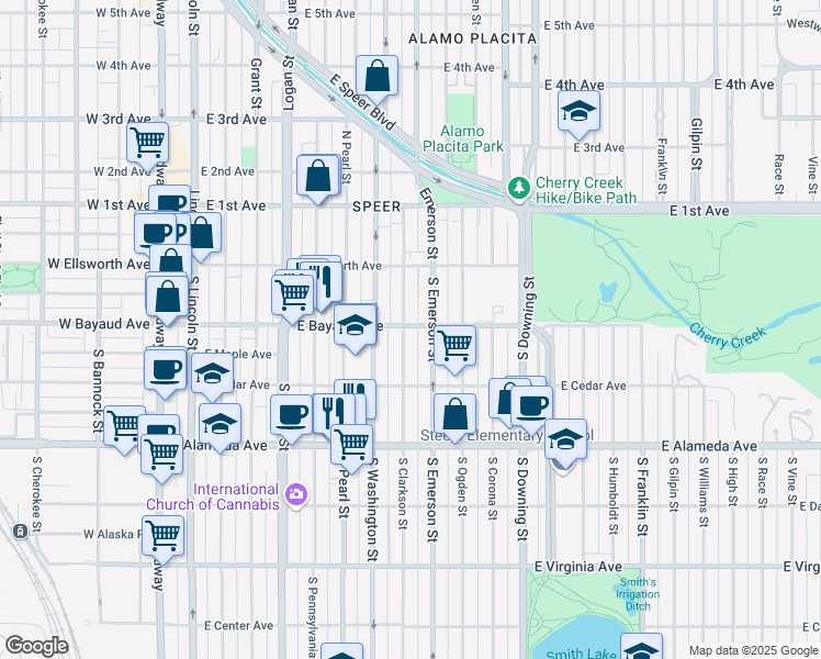 map of restaurants, bars, coffee shops, grocery stores, and more near 140 South Clarkson Street in Denver