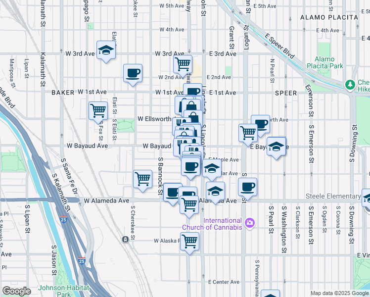map of restaurants, bars, coffee shops, grocery stores, and more near 135 South Broadway in Denver