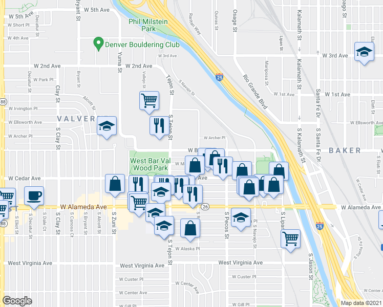 map of restaurants, bars, coffee shops, grocery stores, and more near 1515 West Maple Avenue in Denver
