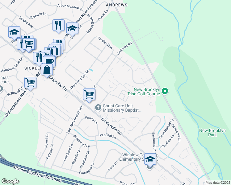 map of restaurants, bars, coffee shops, grocery stores, and more near 120-300 Newton Avenue in Sicklerville