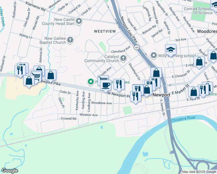 map of restaurants, bars, coffee shops, grocery stores, and more near 700 West Newport Pike in Wilmington