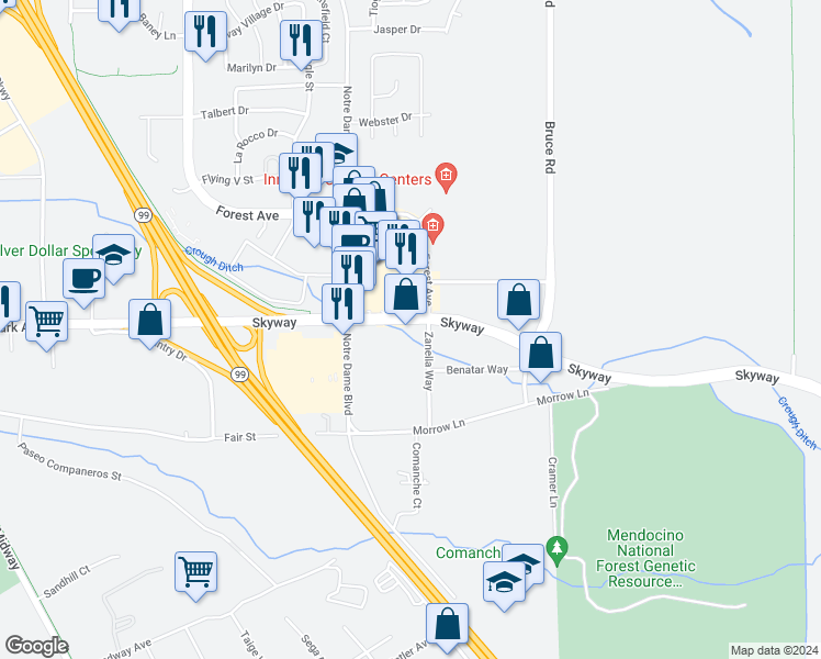 map of restaurants, bars, coffee shops, grocery stores, and more near 2500 Zanella Way in Chico