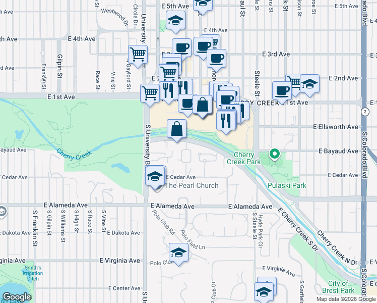 map of restaurants, bars, coffee shops, grocery stores, and more near 2628 Cherry Creek South Drive in Denver