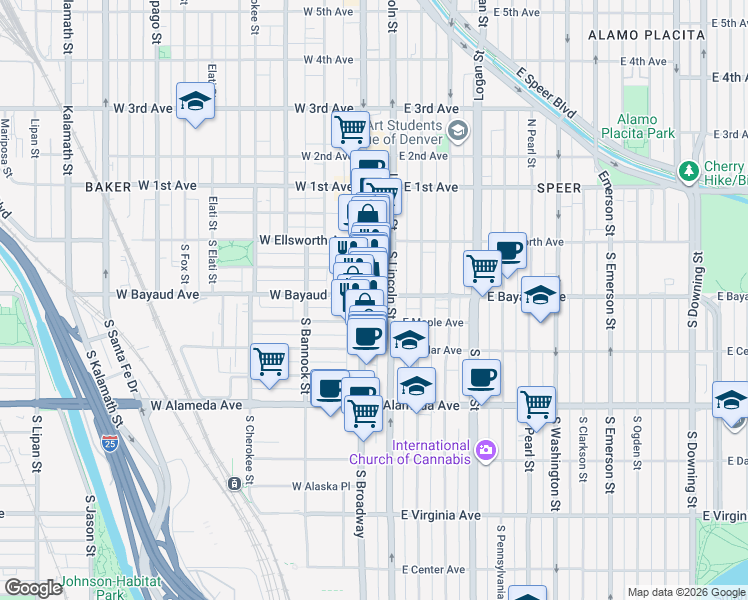 map of restaurants, bars, coffee shops, grocery stores, and more near 19 East Maple Avenue in Denver