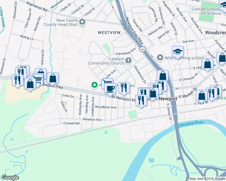 map of restaurants, bars, coffee shops, grocery stores, and more near 700 West Newport Pike in Wilmington