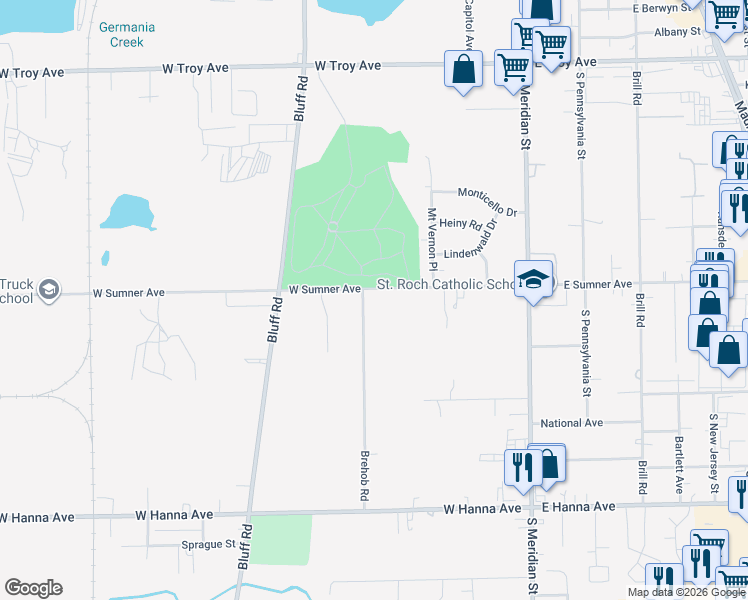 map of restaurants, bars, coffee shops, grocery stores, and more near 3601 Brehob Road in Indianapolis
