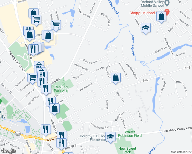 map of restaurants, bars, coffee shops, grocery stores, and more near 11 Hollybush Drive in Glassboro