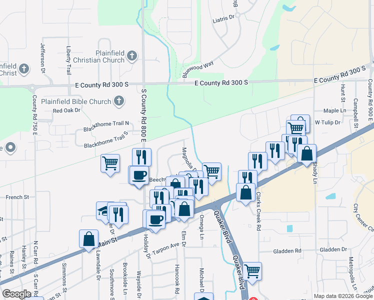 map of restaurants, bars, coffee shops, grocery stores, and more near 504 Magnolia Drive in Plainfield