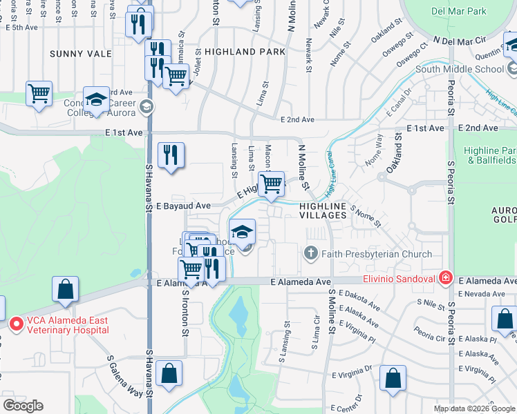 map of restaurants, bars, coffee shops, grocery stores, and more near 11155 East Alameda Avenue in Aurora