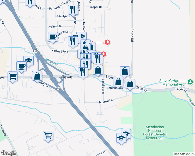 map of restaurants, bars, coffee shops, grocery stores, and more near 2500 Zanella Way in Chico