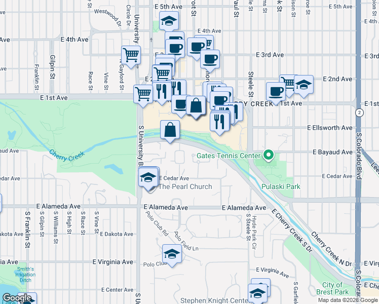 map of restaurants, bars, coffee shops, grocery stores, and more near 2700 East Cherry Creek South Drive in Denver