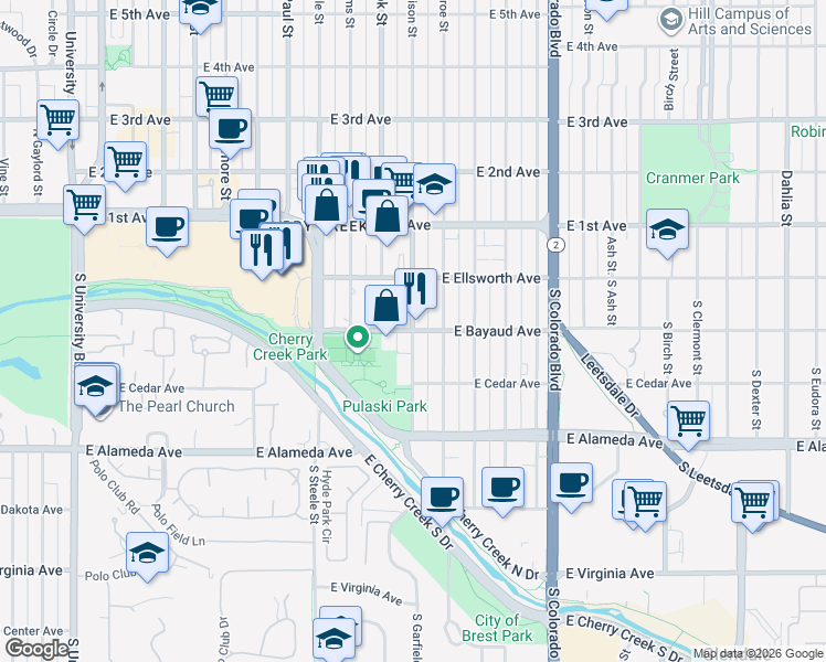 map of restaurants, bars, coffee shops, grocery stores, and more near East Bayaud Avenue & South Madison Street in Denver