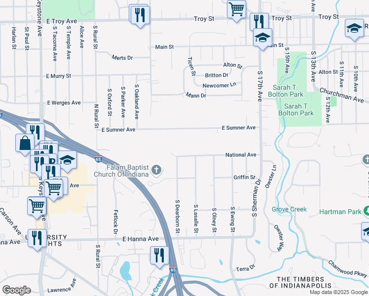 map of restaurants, bars, coffee shops, grocery stores, and more near 3200 National Avenue in Indianapolis