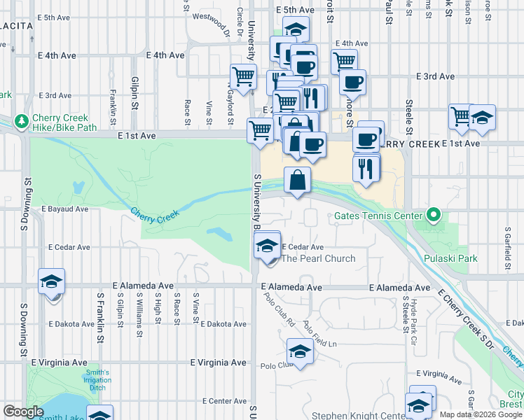 map of restaurants, bars, coffee shops, grocery stores, and more near 121 South University Boulevard in Denver