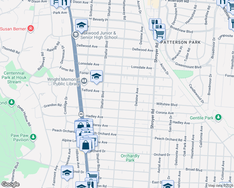 map of restaurants, bars, coffee shops, grocery stores, and more near 255 Wiltshire Boulevard in Dayton