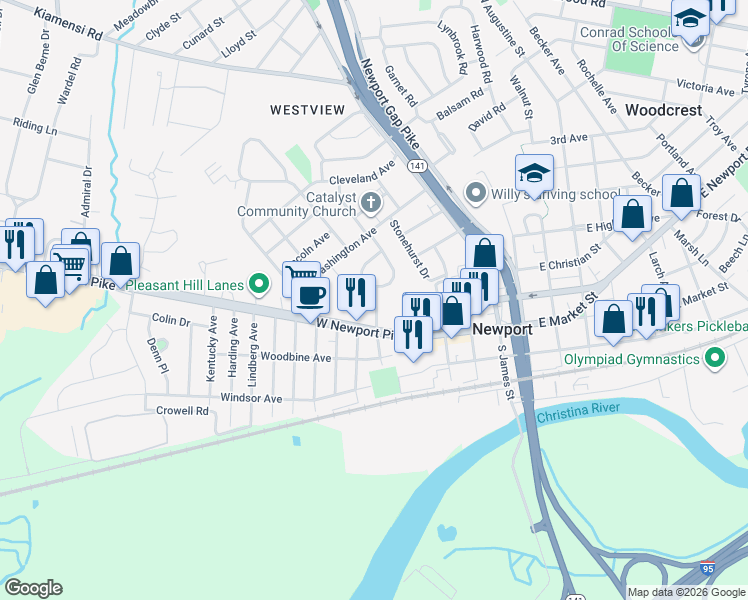 map of restaurants, bars, coffee shops, grocery stores, and more near 503 West Newport Pike in Wilmington