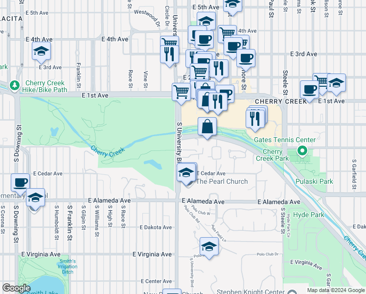 map of restaurants, bars, coffee shops, grocery stores, and more near 121 South University Boulevard in Denver