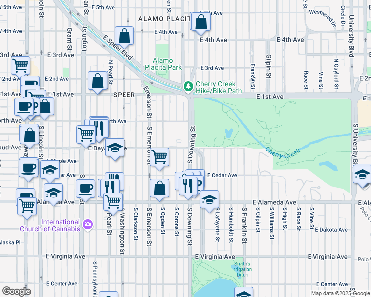 map of restaurants, bars, coffee shops, grocery stores, and more near 138 South Corona Street in Denver