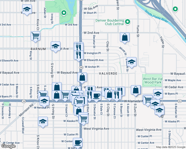 map of restaurants, bars, coffee shops, grocery stores, and more near 144 South Decatur Street in Denver